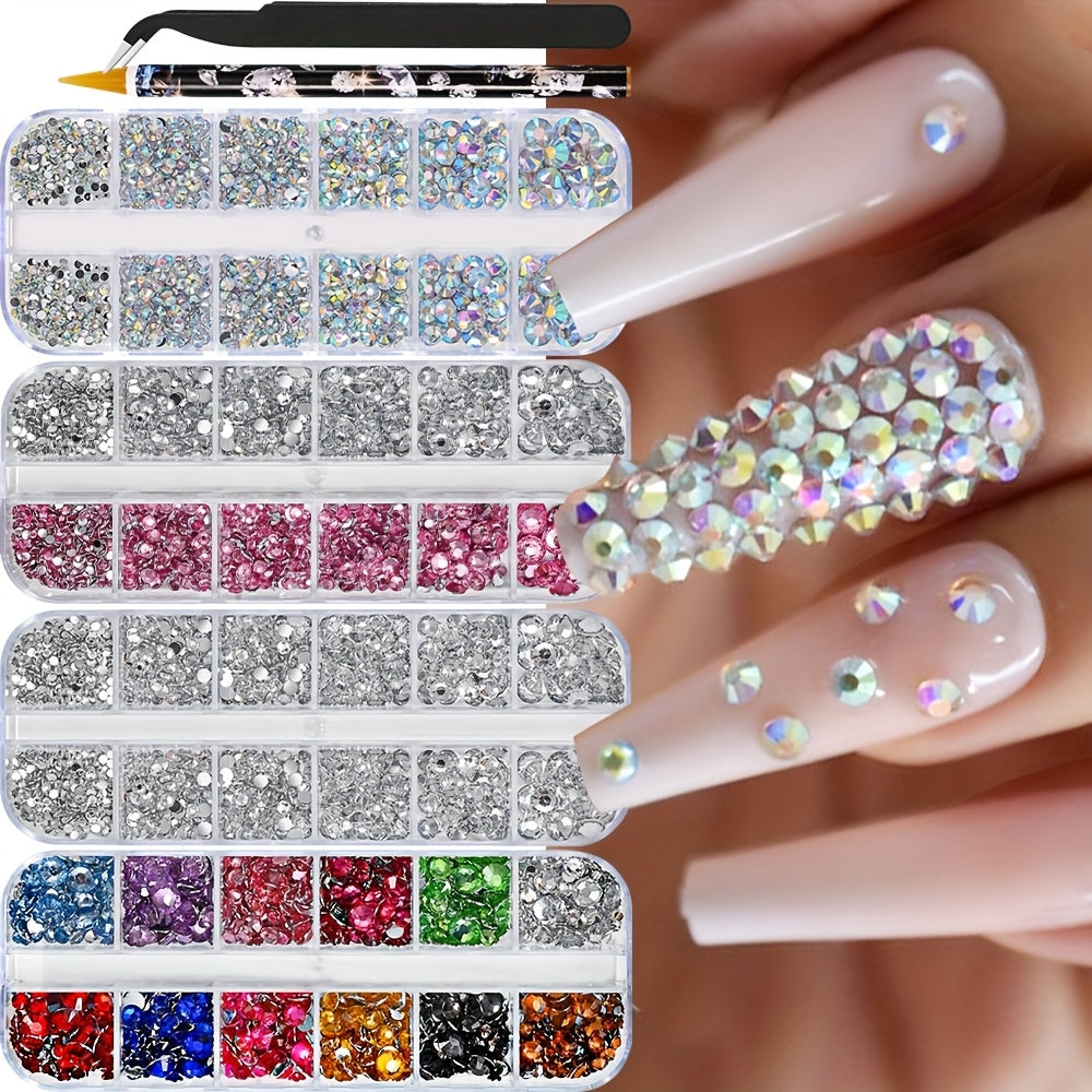 Multi-Size Flatback AB Nail Art Rhinestones Kit – Crystal Pearls & Gemstones for DIY Nails, Shoes, Clothes, Makeup & Bags – Includes Tweezer & Pen (SS4–SS16)